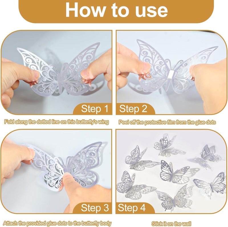 Rindion 84PCS 3D Butterfly Decorations, 3 Sizes 7 Styles Butterfly Wall Decor Silver Butterflies Decorations for Cake, Butterflies Party, Birthday, Wall - Image 4